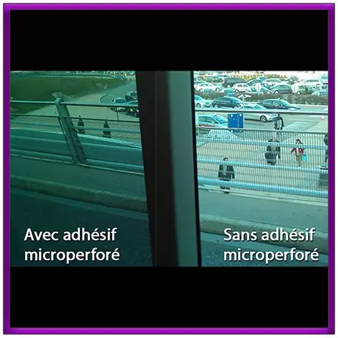 Comparatif avec et sans adhésif micro-perforé vu depuis l'intérieur d'un bâtiment